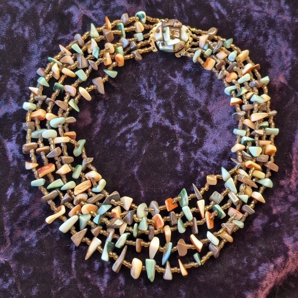 Vintage Multi-strand Shell & Glass Bead Necklace, Made in Japan - Southwest Hues